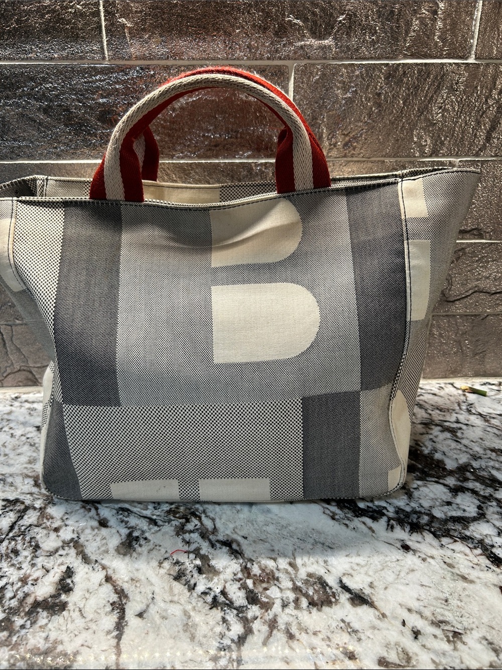 Bally Gray & Cream Canvas Tote with Red Handles